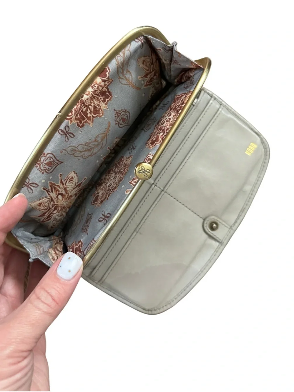 HOBO Leather Kiss Lock Wallet Gray Floral Lining Woven Detail